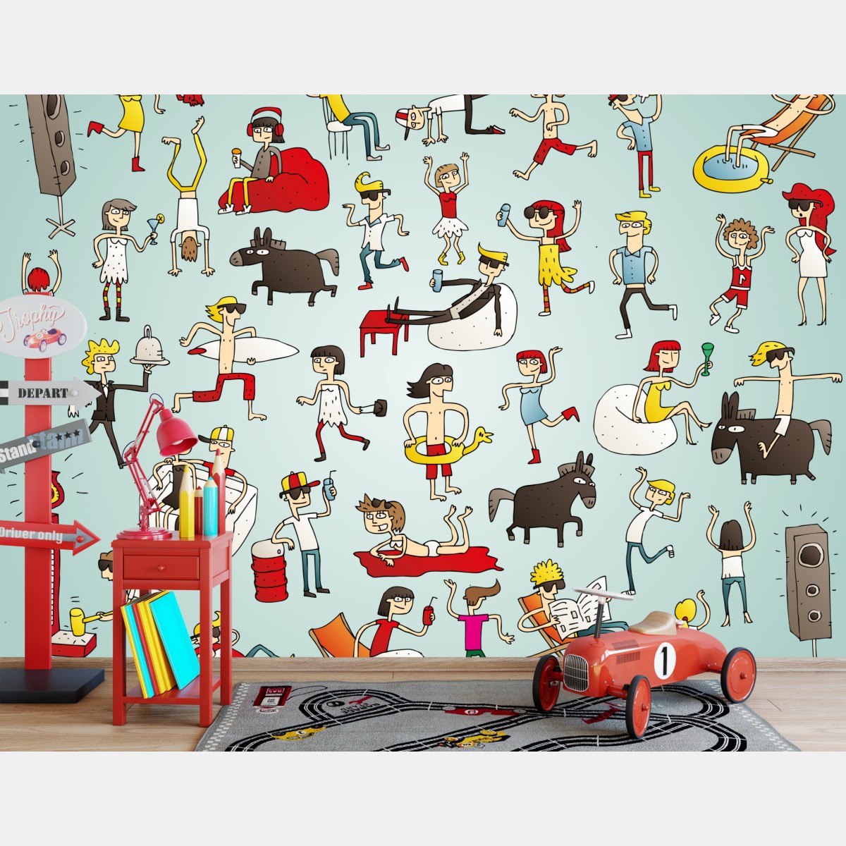 Wall mural playful cartoon crowd on turquoise background