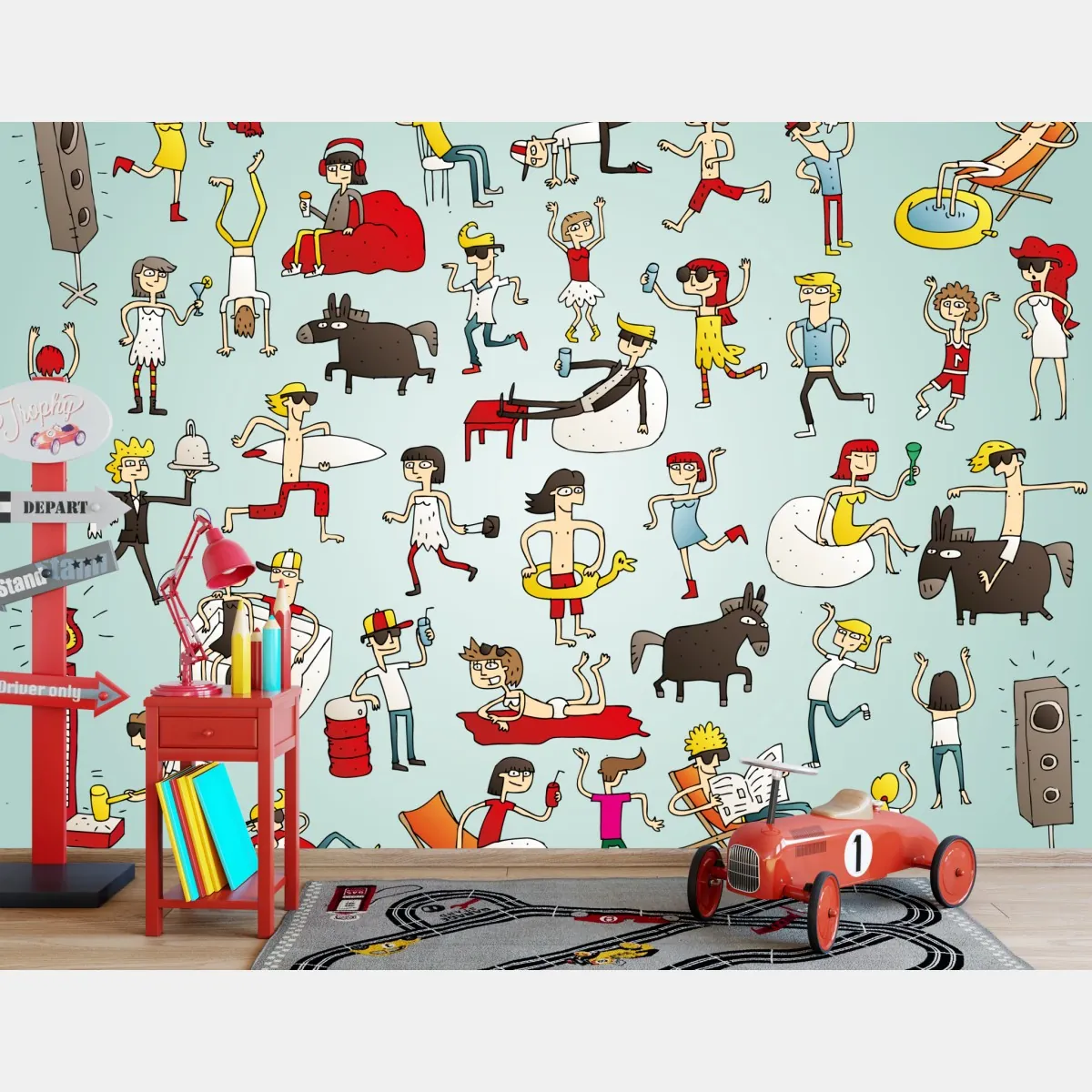 Fototapeta zabawna scena z postaciami na turkusowym tle – Wallissimo® Fototapeta zabawna scena z postaciami na turkusowym tle – Wallissimo®