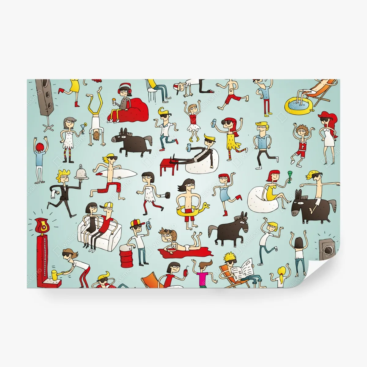 Fototapeta zabawna scena z postaciami na turkusowym tle – Wallissimo® Fototapeta zabawna scena z postaciami na turkusowym tle – Wallissimo®