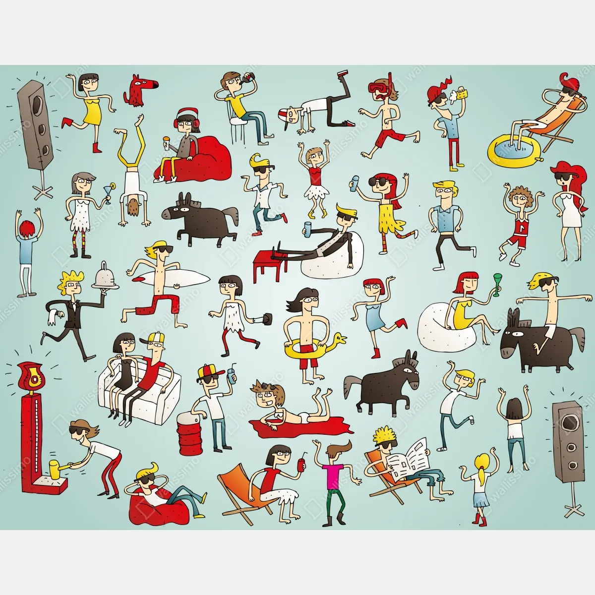 Fototapeta zabawna scena z postaciami na turkusowym tle – Wallissimo® Fototapeta zabawna scena z postaciami na turkusowym tle – Wallissimo®