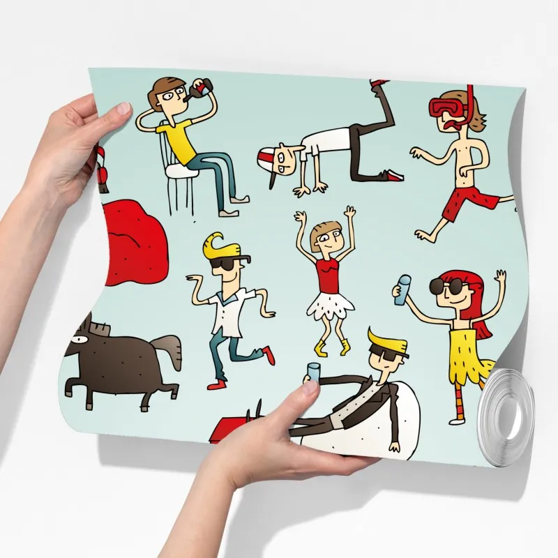 Fototapeta zabawna scena z postaciami na turkusowym tle – Wallissimo® Fototapeta zabawna scena z postaciami na turkusowym tle – Wallissimo®