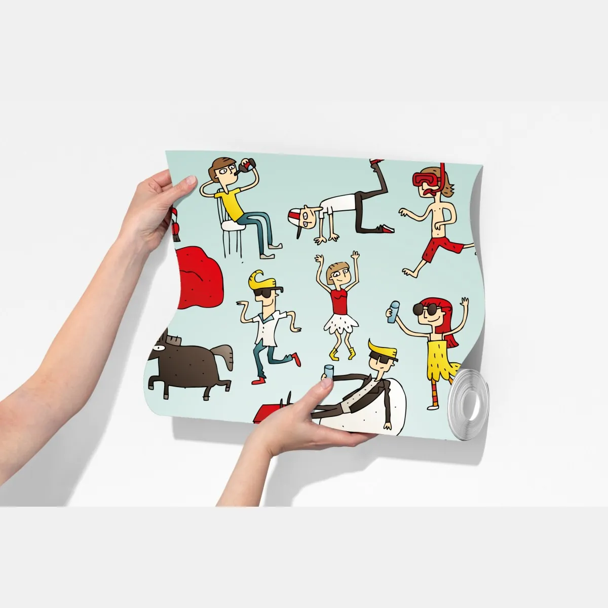 Fototapeta zabawna scena z postaciami na turkusowym tle – Wallissimo® Fototapeta zabawna scena z postaciami na turkusowym tle – Wallissimo®