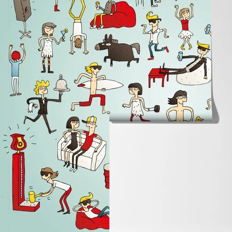 Fototapeta zabawna scena z postaciami na turkusowym tle – Wallissimo® Fototapeta zabawna scena z postaciami na turkusowym tle – Wallissimo®