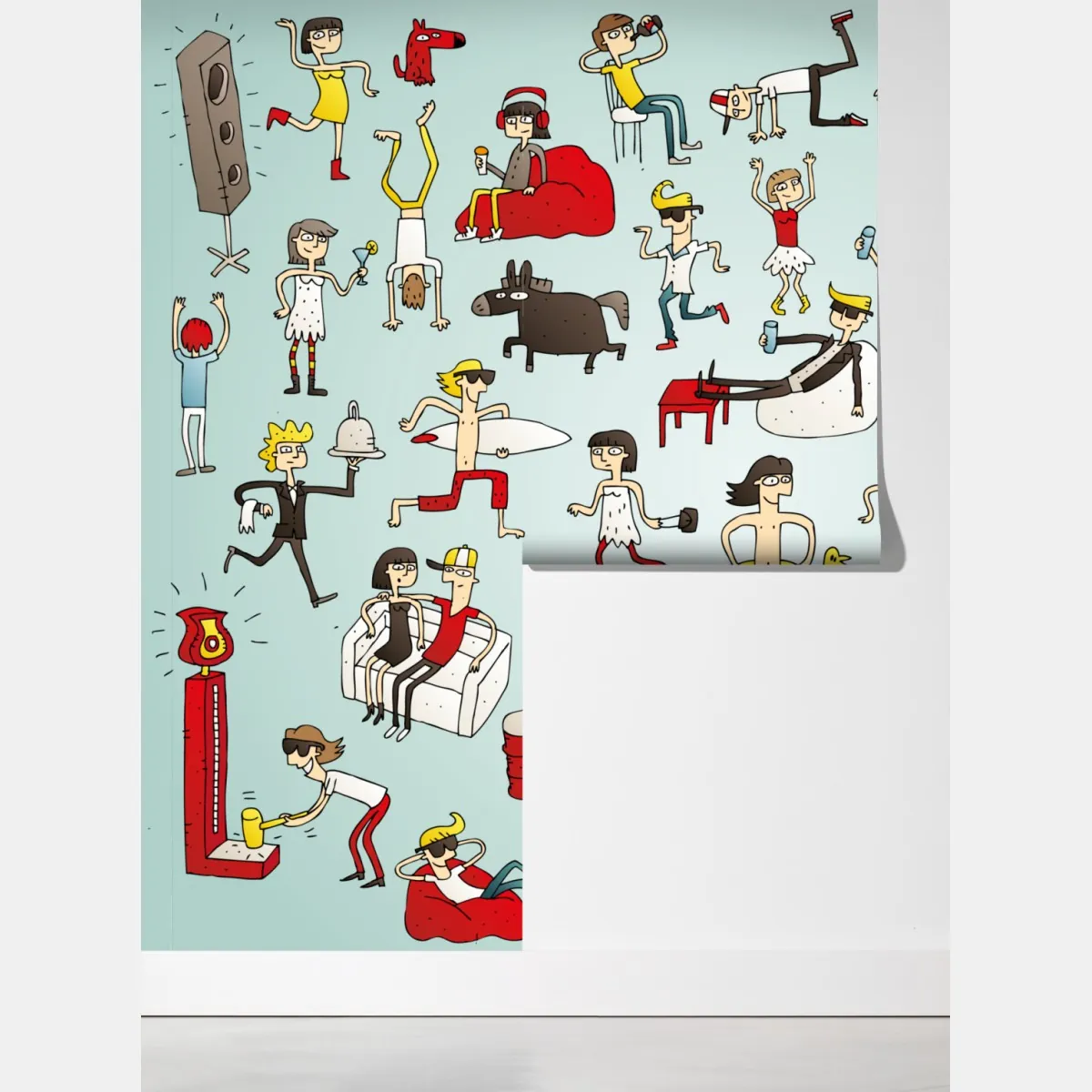 Fototapeta zabawna scena z postaciami na turkusowym tle – Wallissimo® Fototapeta zabawna scena z postaciami na turkusowym tle – Wallissimo®