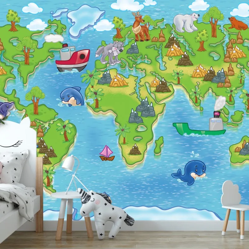 Fototapeta urocza kreskówkowa mapa świata dla dzieci