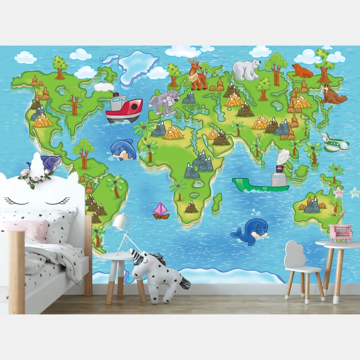 Fototapeta urocza kreskówkowa mapa świata dla dzieci – Wallissimo® Fototapeta urocza kreskówkowa mapa świata dla dzieci – Wallissimo®