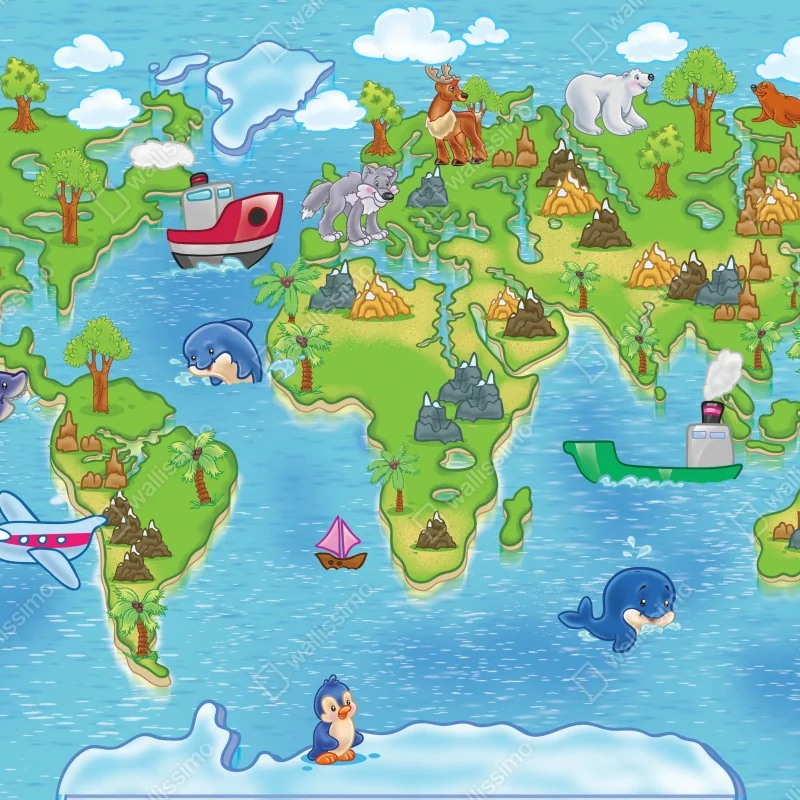 Fototapeta urocza kreskówkowa mapa świata dla dzieci – Wallissimo® Fototapeta urocza kreskówkowa mapa świata dla dzieci – Wallissimo®