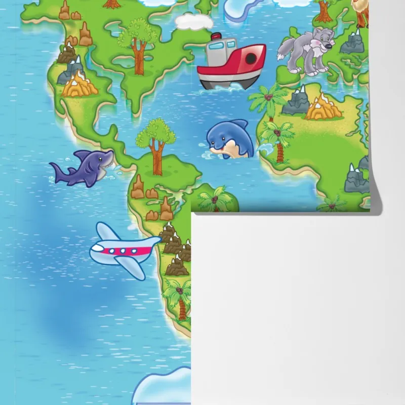 Fototapeta urocza kreskówkowa mapa świata dla dzieci – Wallissimo® Fototapeta urocza kreskówkowa mapa świata dla dzieci – Wallissimo®