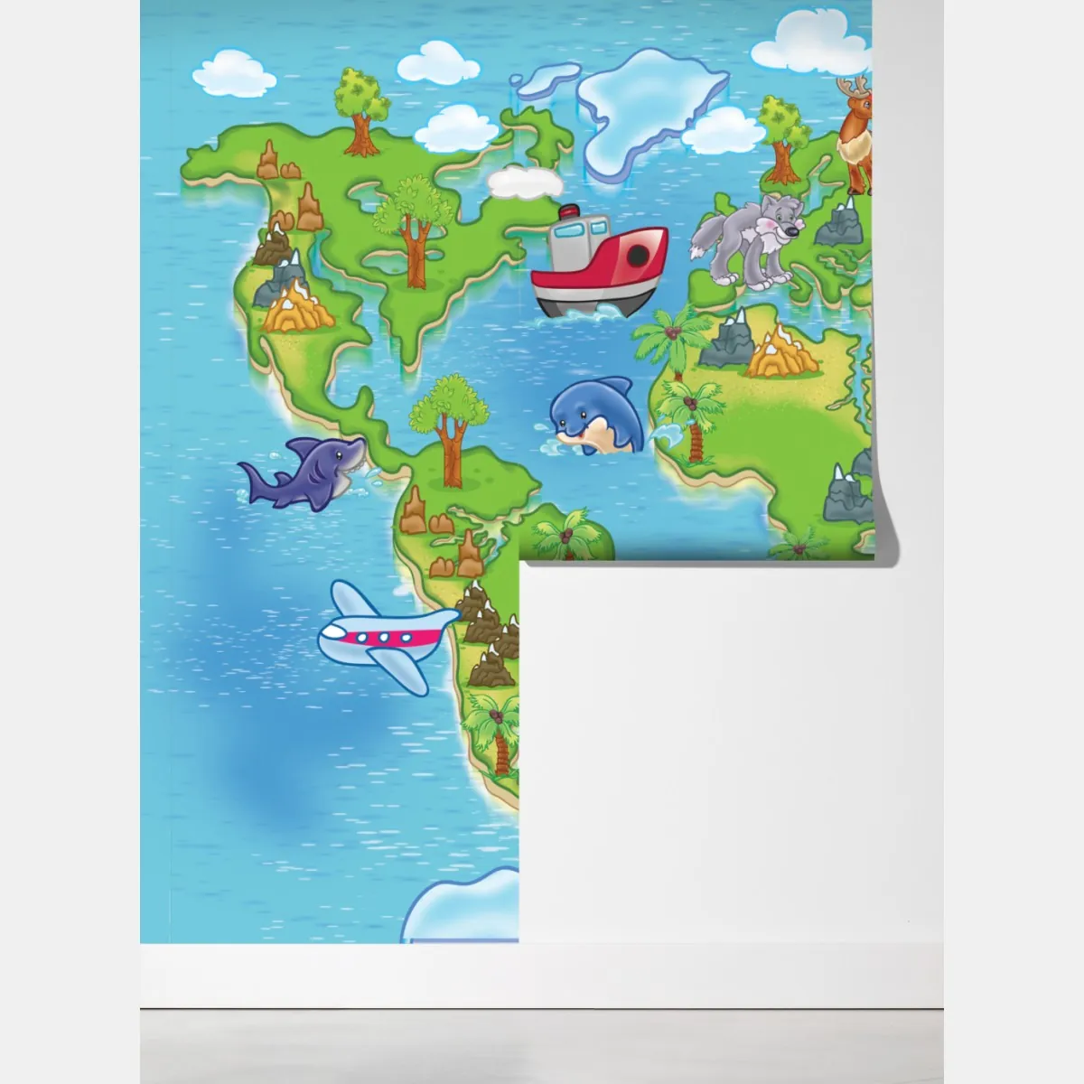 Fototapeta urocza kreskówkowa mapa świata dla dzieci – Wallissimo® Fototapeta urocza kreskówkowa mapa świata dla dzieci – Wallissimo®