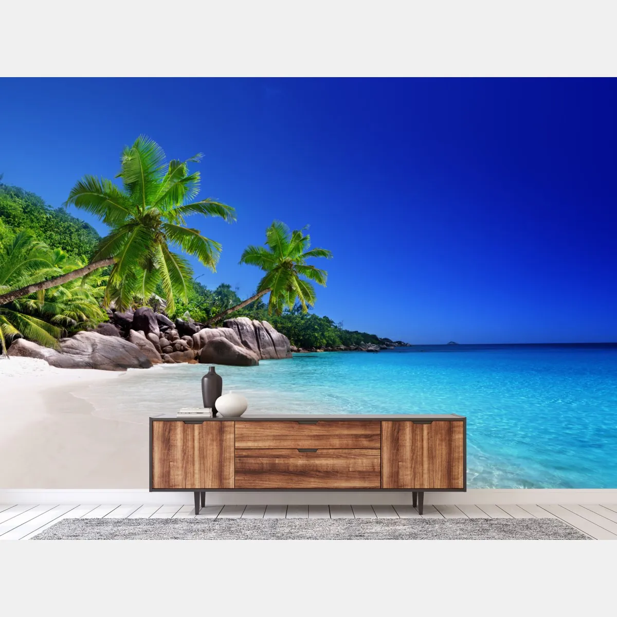 Fototapeta tropikalna plaża z turkusową wodą i palmami – Wallissimo® Fototapeta tropikalna plaża z turkusową wodą i palmami – Wallissimo®