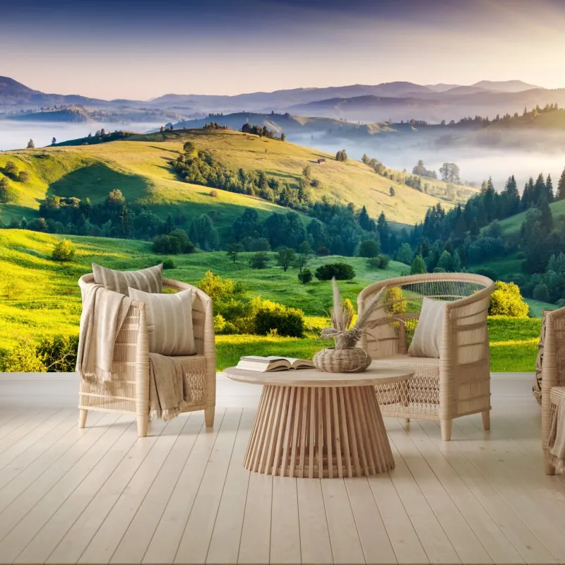 Fototapeta zachód słońca w Karpatych nad zielonymi wzgórzami – Wallissimo® Fototapeta zachód słońca w Karpatych nad zielonymi wzgórzami – Wallissimo®