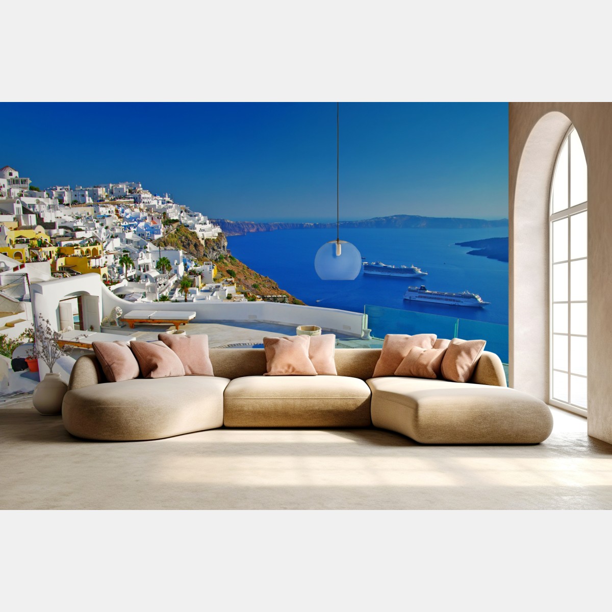 Wall mural Santorini cliffside sea view with pool