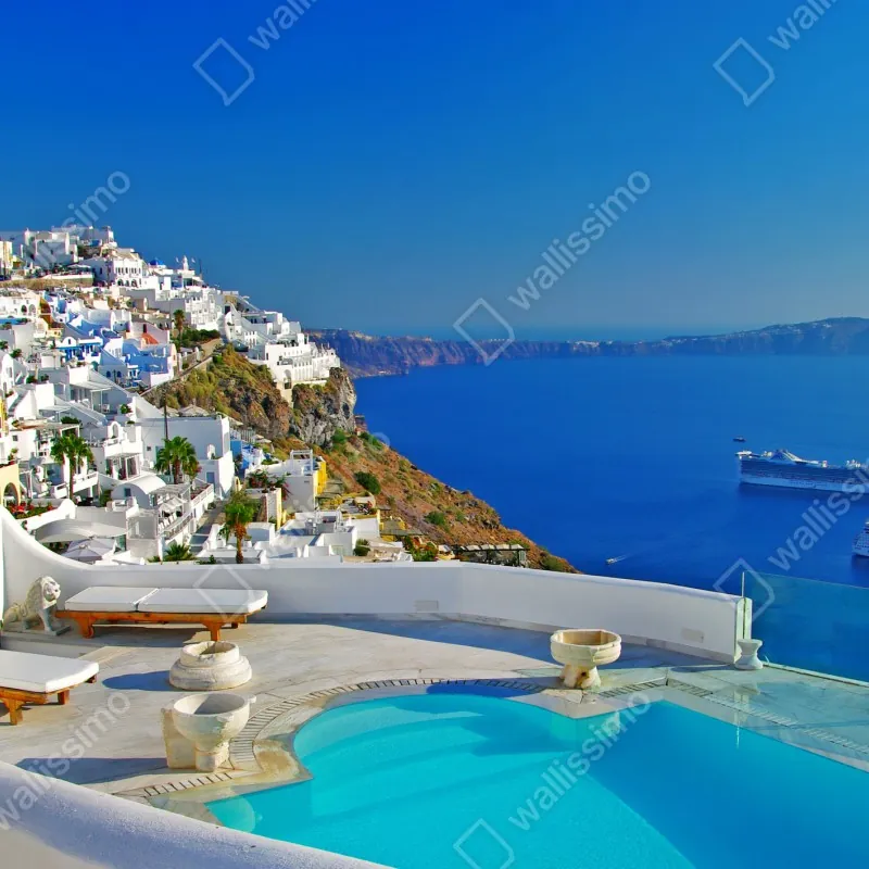 Fototapeta Santorini widok na morze z basenem – Wallissimo® Fototapeta Santorini widok na morze z basenem – Wallissimo®