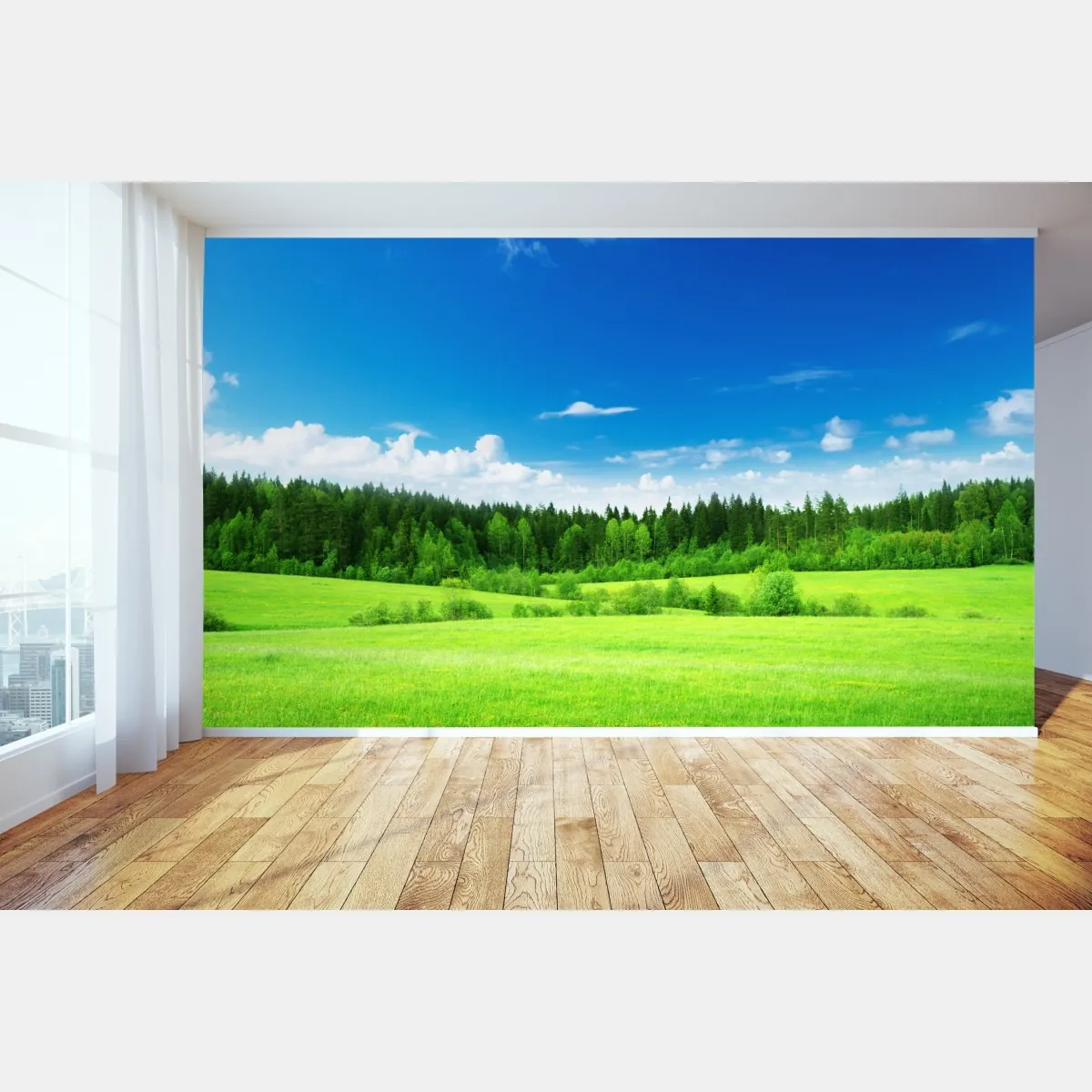 Fototapeta wiosenna łąka pod błękitnym niebem – Wallissimo® Fototapeta wiosenna łąka pod błękitnym niebem – Wallissimo®