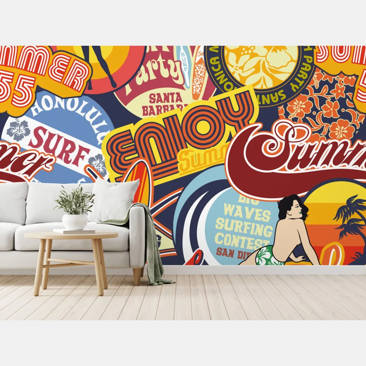 Fototapeta retro kolaż naklejek surf – Wallissimo® Fototapeta retro kolaż naklejek surf – Wallissimo®