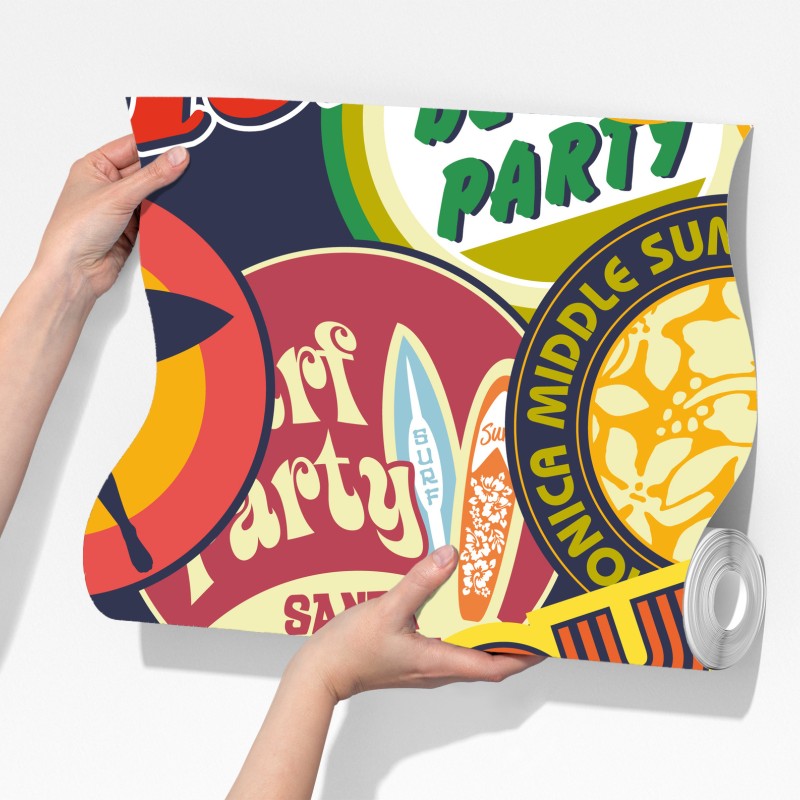 Fototapeta retro kolaż naklejek surf – Wallissimo® Fototapeta retro kolaż naklejek surf – Wallissimo®