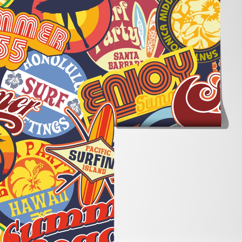 Fototapeta retro kolaż naklejek surf – Wallissimo® Fototapeta retro kolaż naklejek surf – Wallissimo®