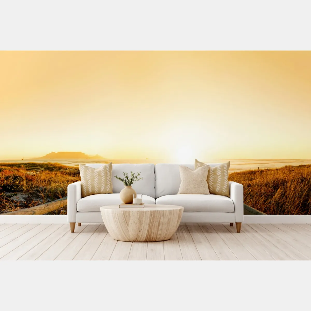 Fototapeta złota panorama zachodu słońca nad plażą z Górą Stołową – Wallissimo® Fototapeta złota panorama zachodu słońca nad plażą z Górą Stołową – Wallissimo®