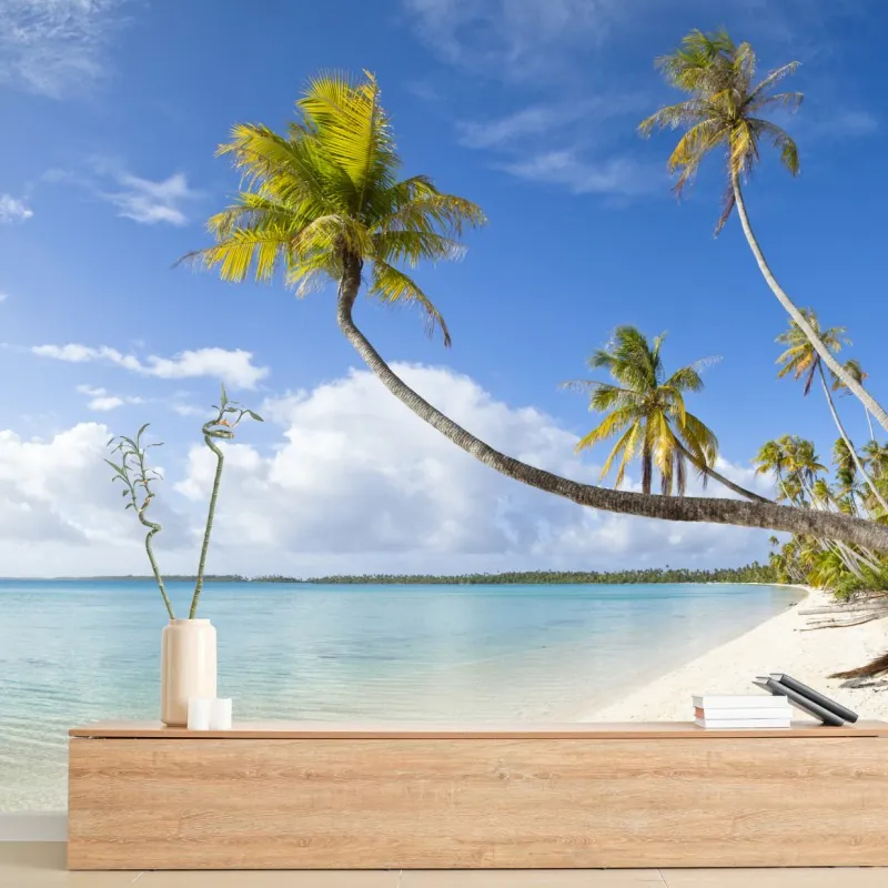 Fototapeta tropikalna turkusowa plaża z pochyloną palmą – Wallissimo® Fototapeta tropikalna turkusowa plaża z pochyloną palmą – Wallissimo®