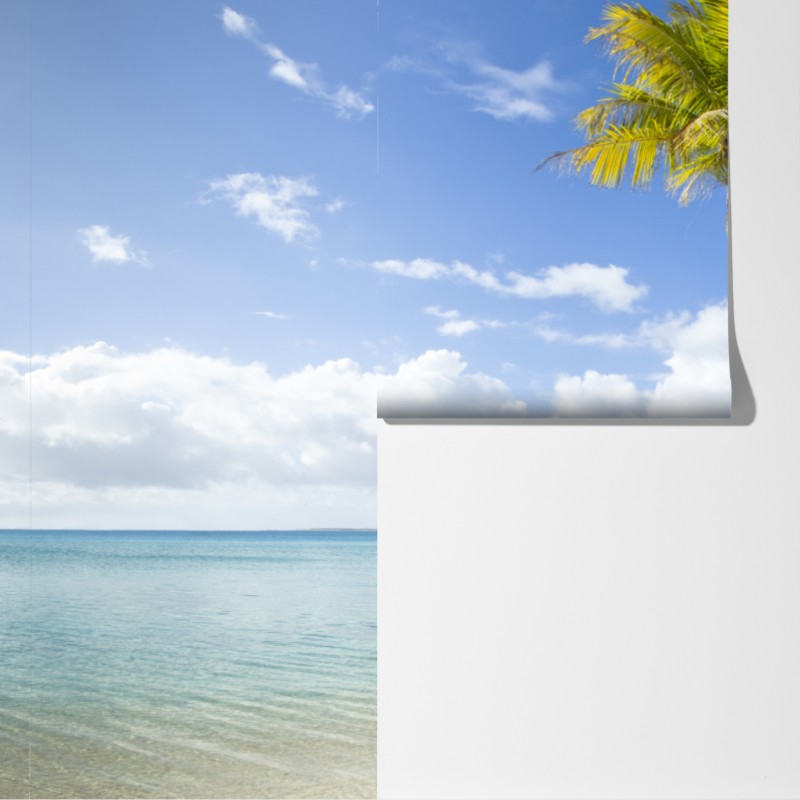 Fototapeta tropikalna turkusowa plaża z pochyloną palmą – Wallissimo® Fototapeta tropikalna turkusowa plaża z pochyloną palmą – Wallissimo®