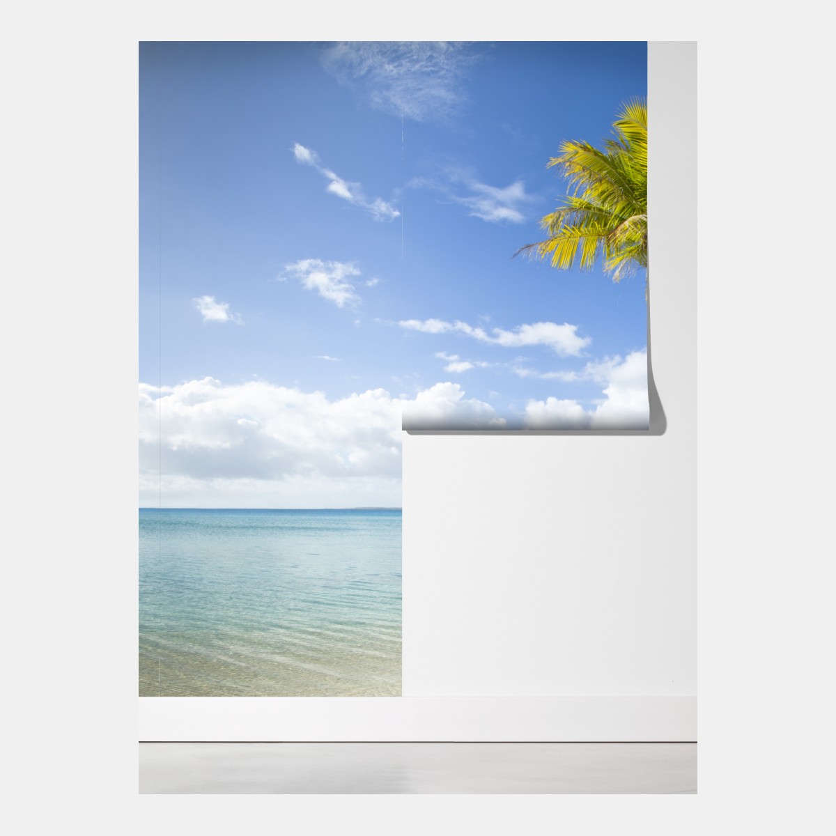 Fototapeta tropikalna turkusowa plaża z pochyloną palmą – Wallissimo® Fototapeta tropikalna turkusowa plaża z pochyloną palmą – Wallissimo®