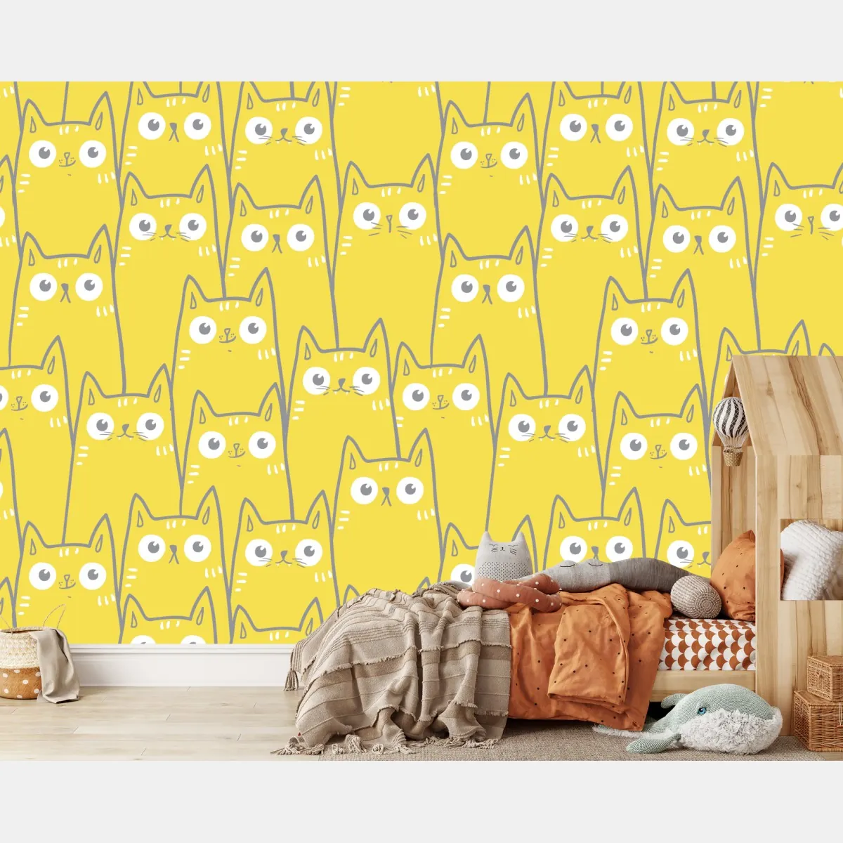 Fototapeta wesoły żółty wzór z kotami – Wallissimo® Fototapeta wesoły żółty wzór z kotami – Wallissimo®