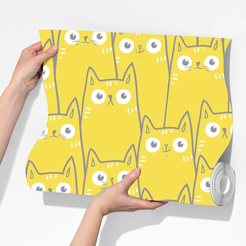 Fototapeta wesoły żółty wzór z kotami – Wallissimo® Fototapeta wesoły żółty wzór z kotami – Wallissimo®
