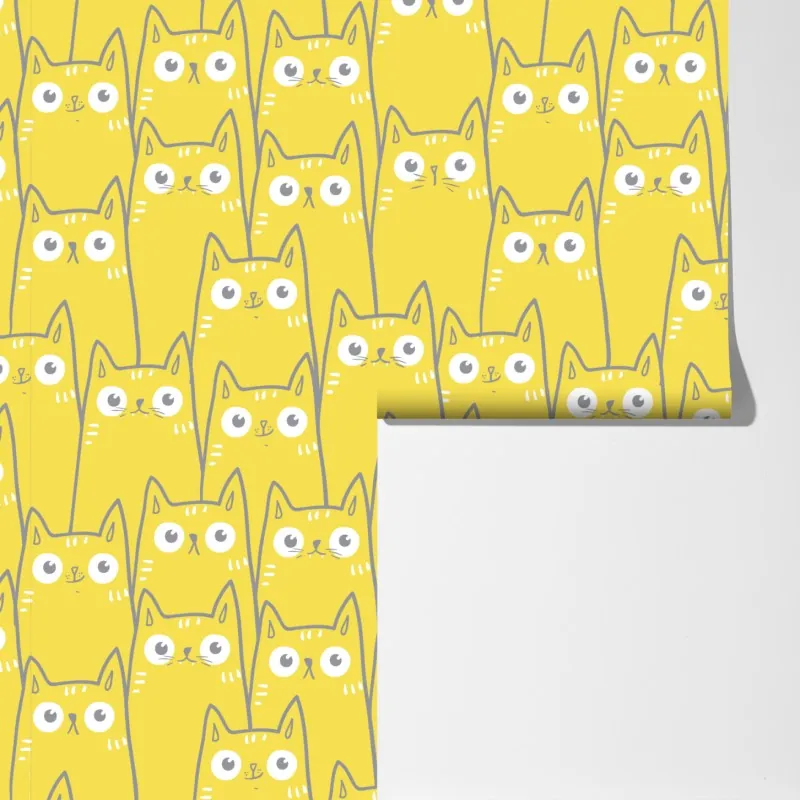 Fototapeta wesoły żółty wzór z kotami – Wallissimo® Fototapeta wesoły żółty wzór z kotami – Wallissimo®