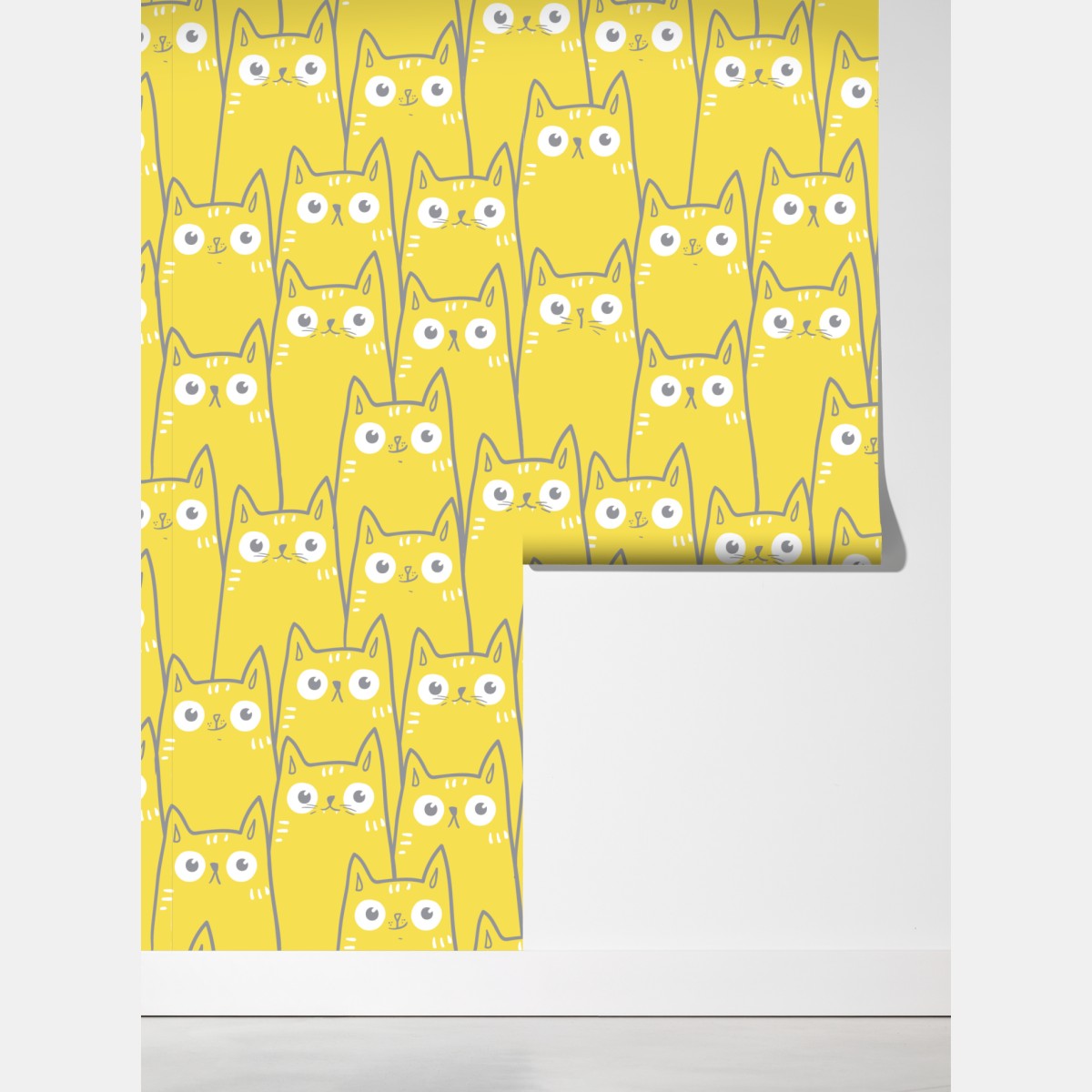 Fototapeta wesoły żółty wzór z kotami – Wallissimo® Fototapeta wesoły żółty wzór z kotami – Wallissimo®