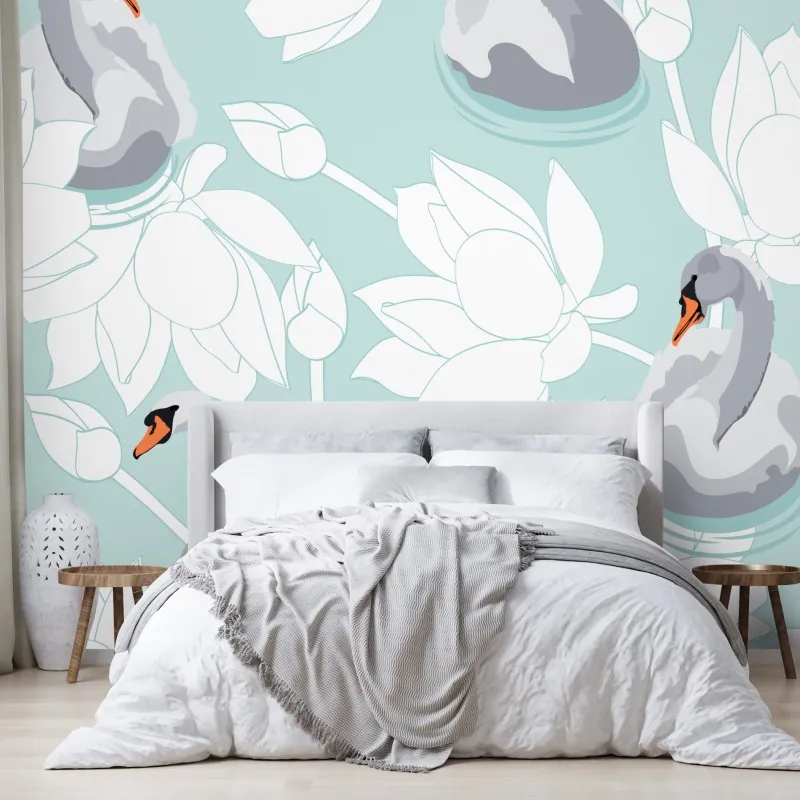 Fototapeta spokojne łabędzie i lotosy