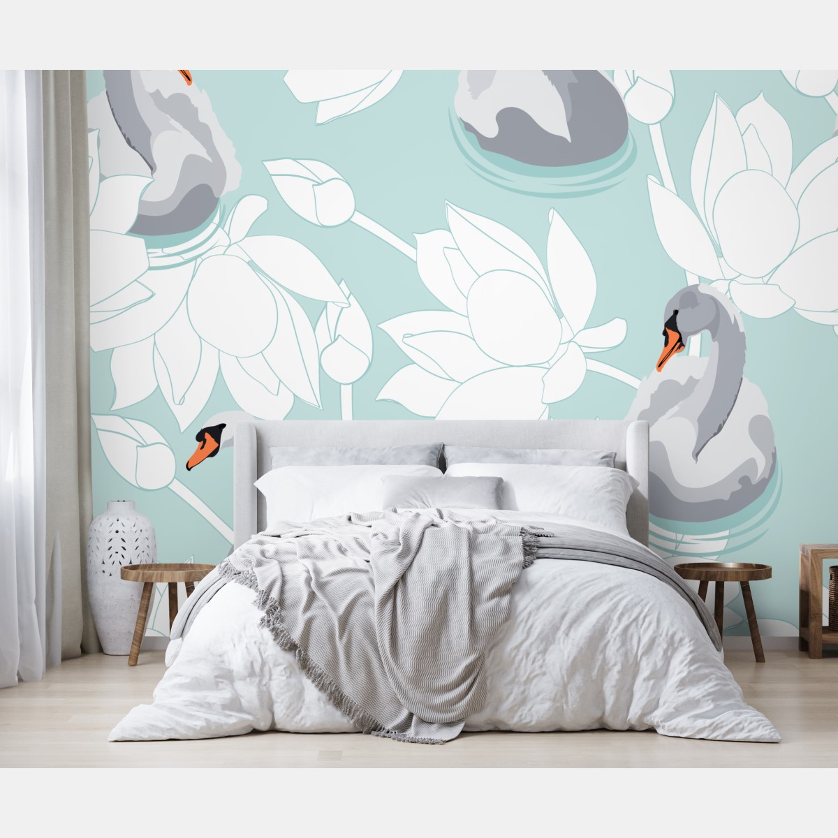 Wall mural serene swans and lotus pattern
