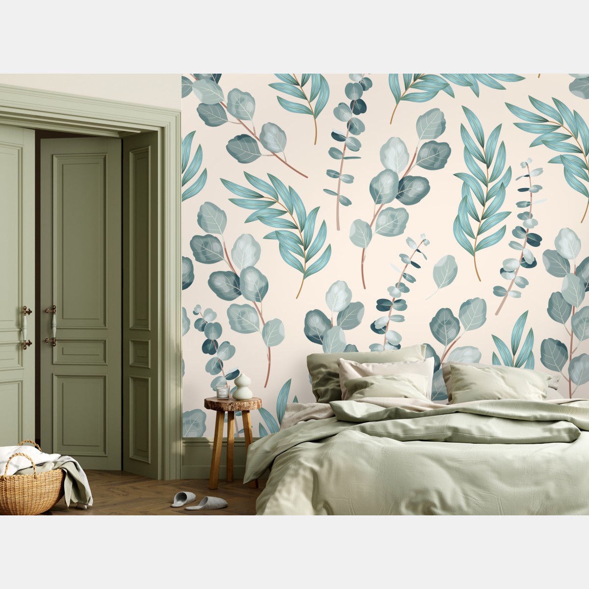 Wall mural pastel eucalyptus leaf pattern