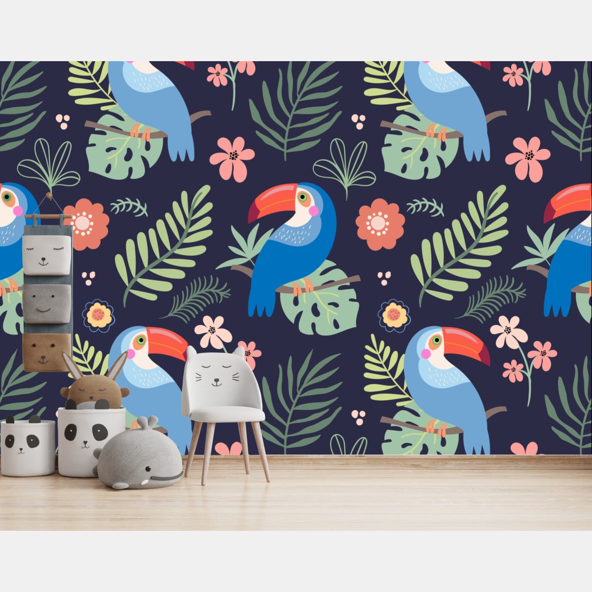 Wall mural tropical toucan pattern on navy