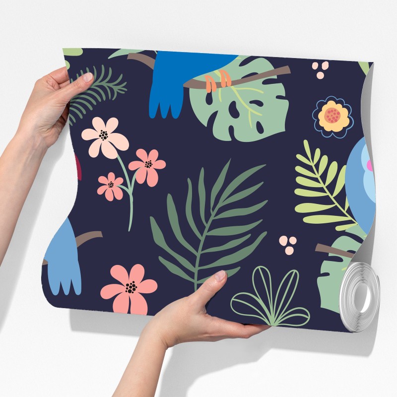 Fototapeta tropikalny wzór z tukanami na granatowym tle – Wallissimo® Fototapeta tropikalny wzór z tukanami na granatowym tle – Wallissimo®