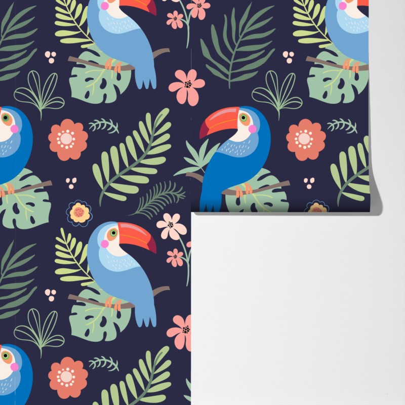 Fototapeta tropikalny wzór z tukanami na granatowym tle – Wallissimo® Fototapeta tropikalny wzór z tukanami na granatowym tle – Wallissimo®