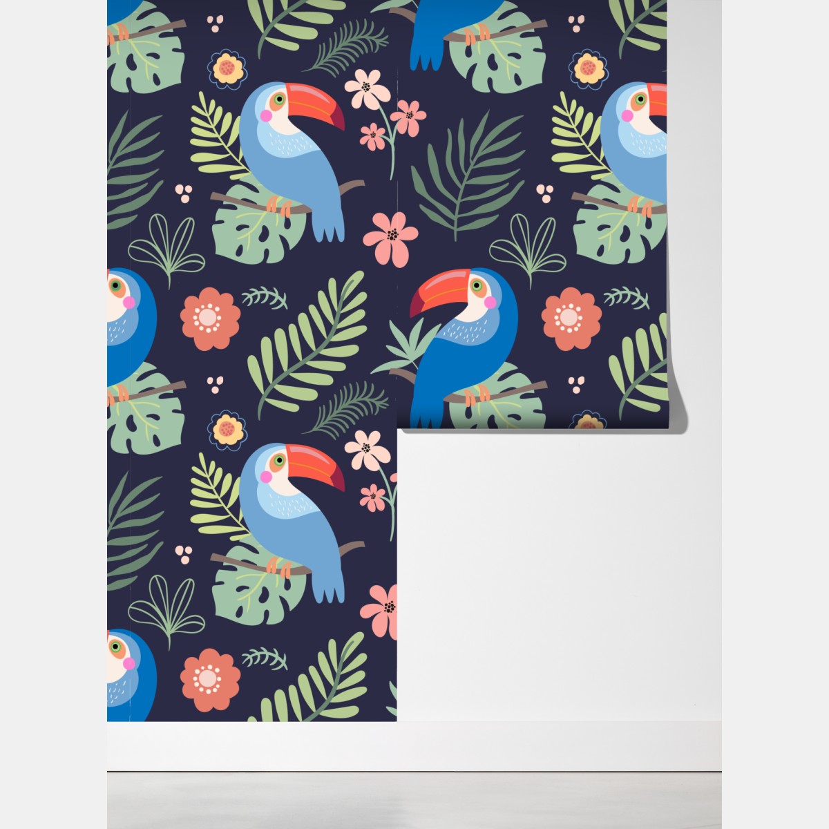 Fototapeta tropikalny wzór z tukanami na granatowym tle – Wallissimo® Fototapeta tropikalny wzór z tukanami na granatowym tle – Wallissimo®