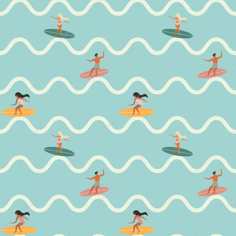 Fototapeta wzór z surferami na turkusowych falach – Wallissimo® Fototapeta wzór z surferami na turkusowych falach – Wallissimo®