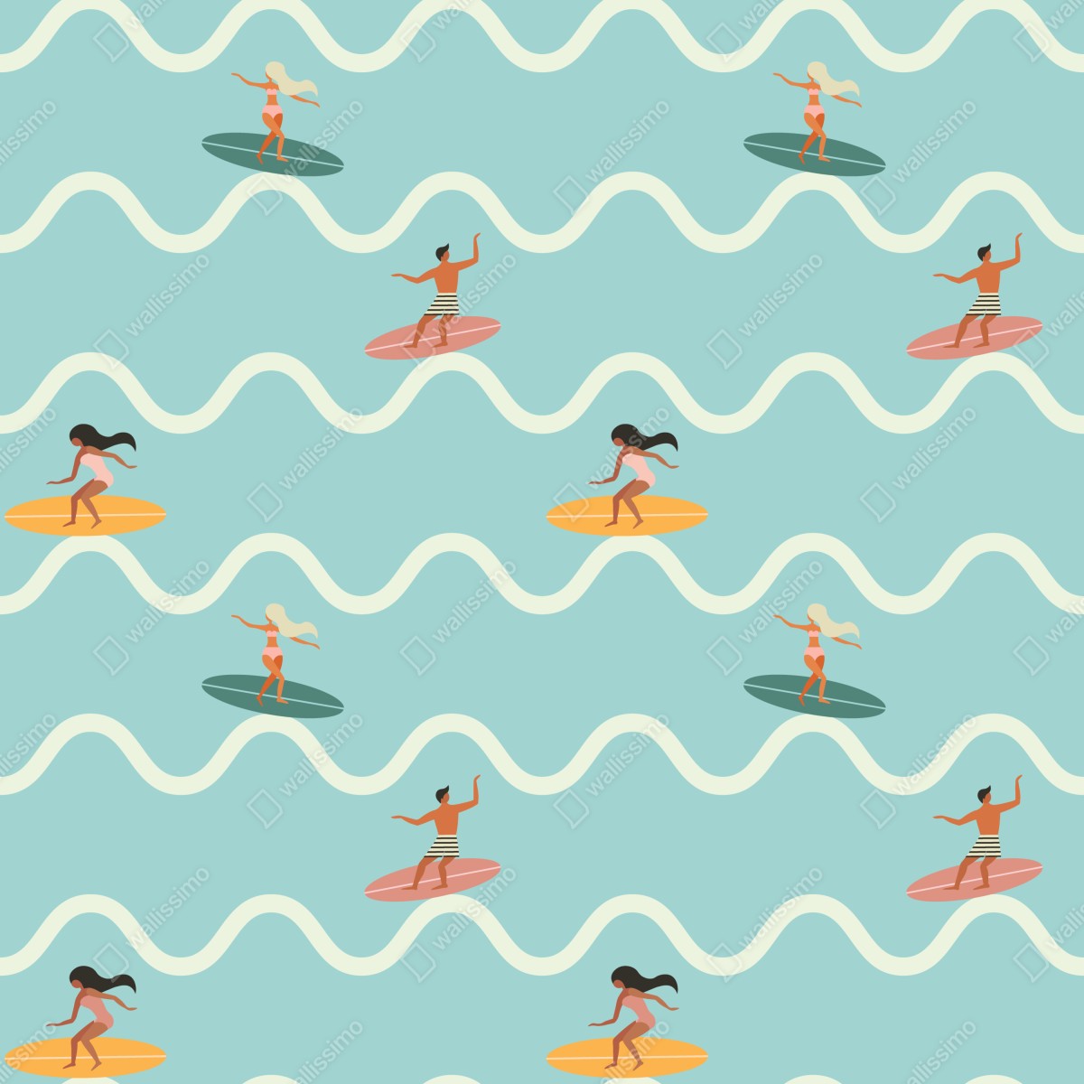 Fototapeta wzór z surferami na turkusowych falach – Wallissimo® Fototapeta wzór z surferami na turkusowych falach – Wallissimo®