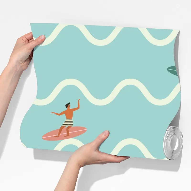 Fototapeta wzór z surferami na turkusowych falach – Wallissimo® Fototapeta wzór z surferami na turkusowych falach – Wallissimo®