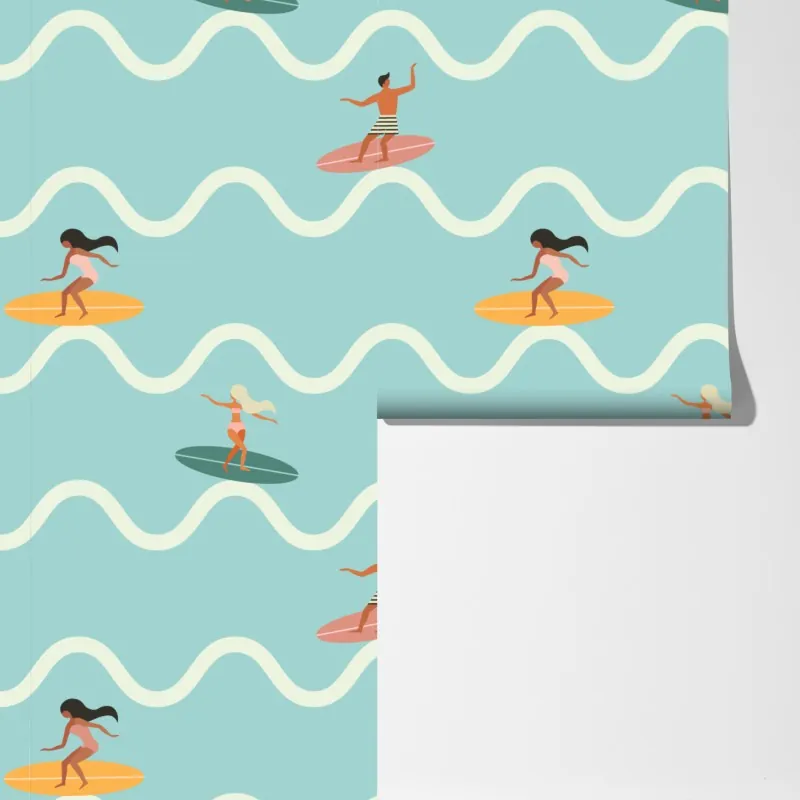 Fototapeta wzór z surferami na turkusowych falach – Wallissimo® Fototapeta wzór z surferami na turkusowych falach – Wallissimo®