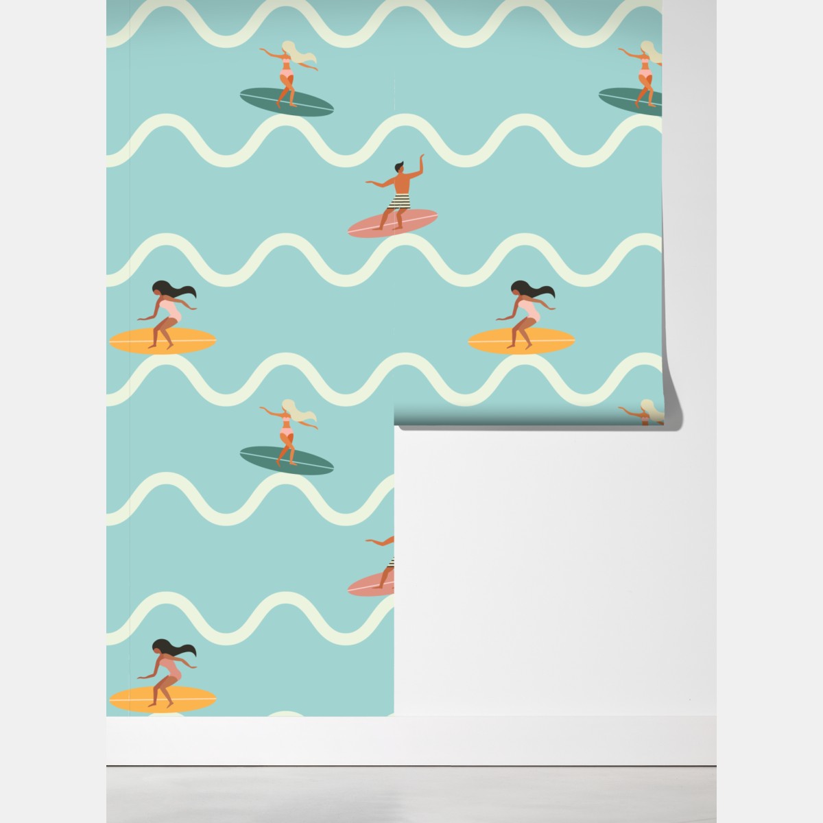 Fototapeta wzór z surferami na turkusowych falach – Wallissimo® Fototapeta wzór z surferami na turkusowych falach – Wallissimo®