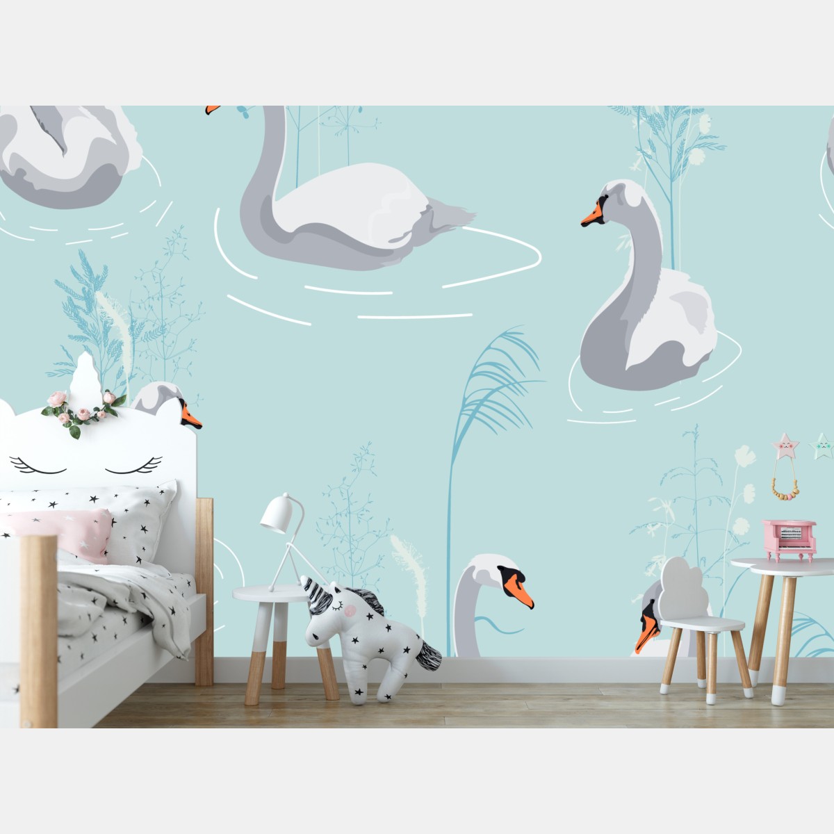 Wall mural gentle swans on a turquoise pond