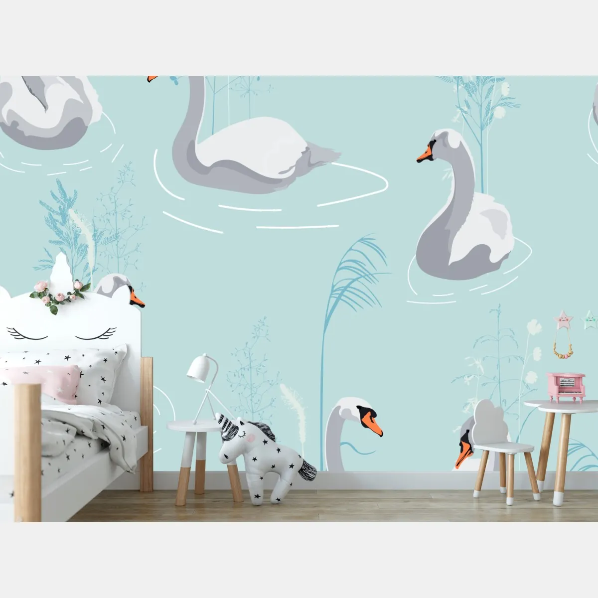 Fototapeta delikatne łabędzie na turkusowym stawie – Wallissimo® Fototapeta delikatne łabędzie na turkusowym stawie – Wallissimo®