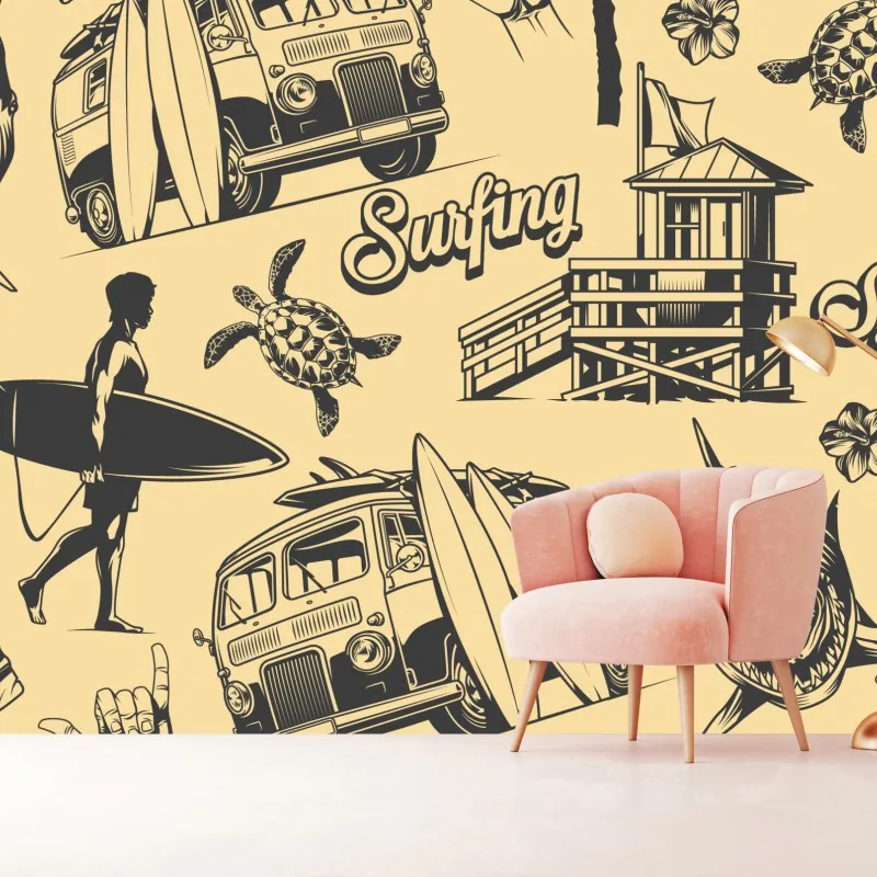 Fototapeta retro wzór surfingowy z furgonetką i falami