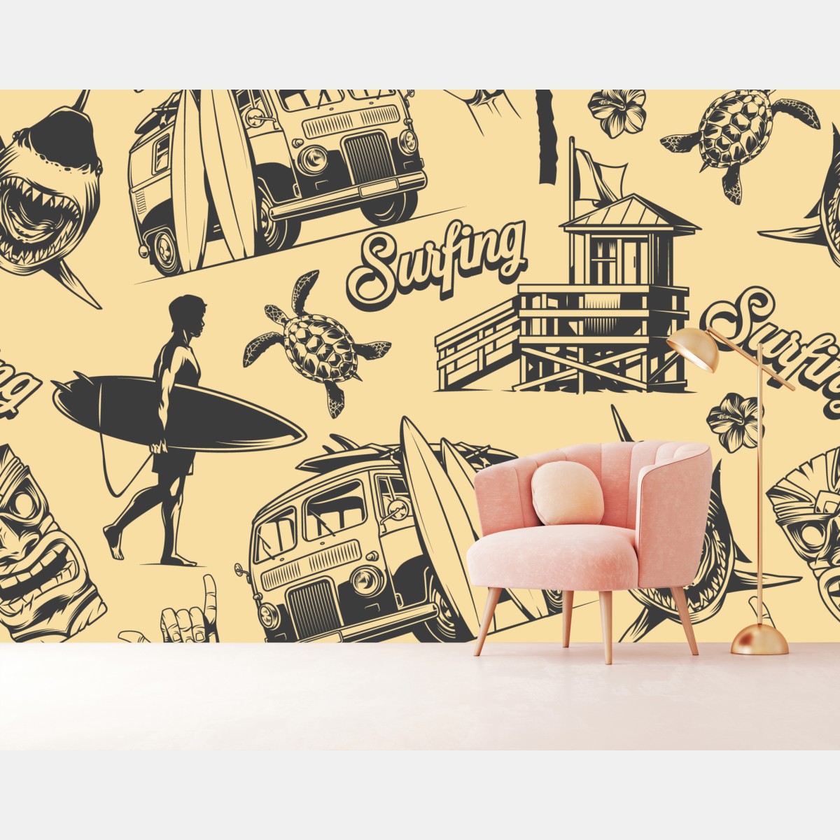 Wall mural retro surf pattern with van and waves