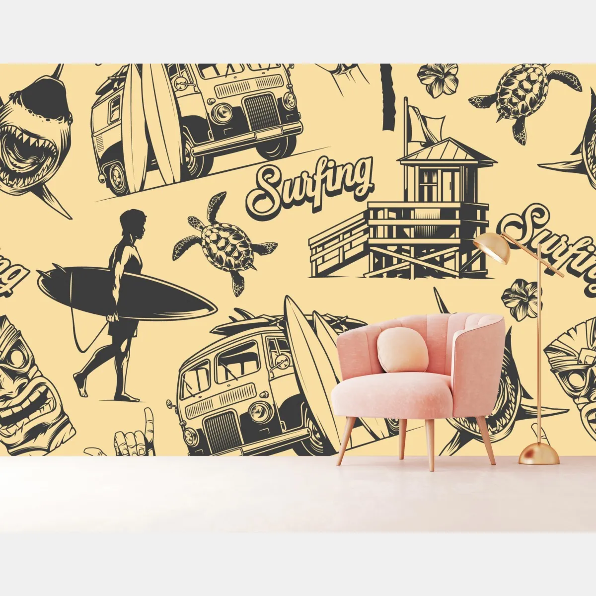 Fototapeta retro wzór surfingowy z furgonetką i falami – Wallissimo® Fototapeta retro wzór surfingowy z furgonetką i falami – Wallissimo®