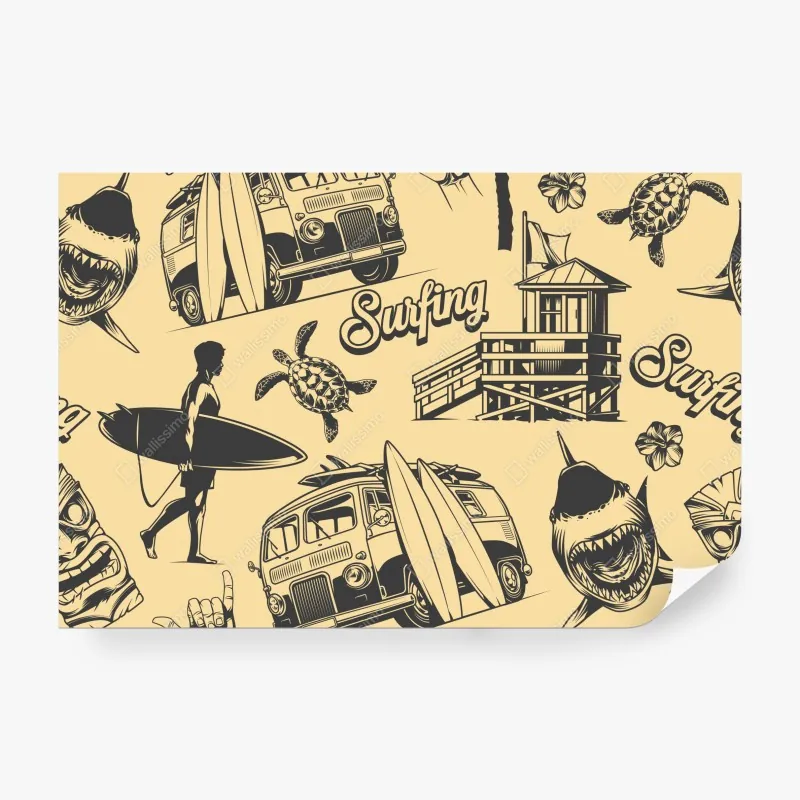 Fototapeta retro wzór surfingowy z furgonetką i falami