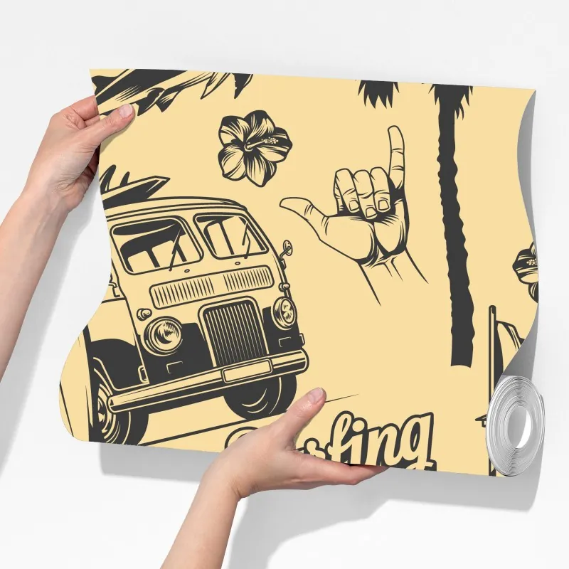 Fototapeta retro wzór surfingowy z furgonetką i falami – Wallissimo® Fototapeta retro wzór surfingowy z furgonetką i falami – Wallissimo®