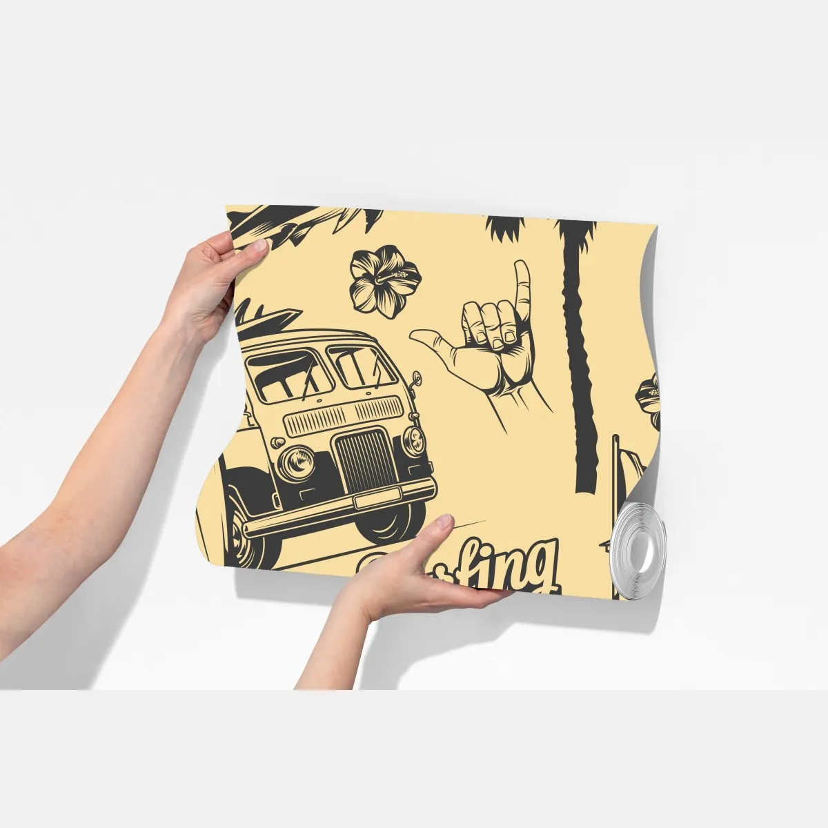 Fototapeta retro wzór surfingowy z furgonetką i falami – Wallissimo® Fototapeta retro wzór surfingowy z furgonetką i falami – Wallissimo®