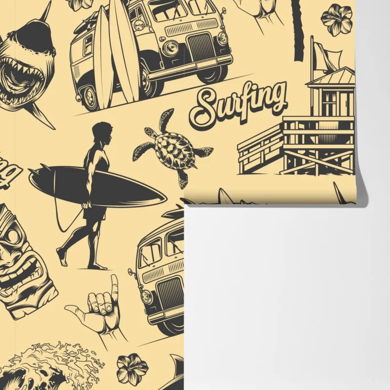 Fototapeta retro wzór surfingowy z furgonetką i falami – Wallissimo® Fototapeta retro wzór surfingowy z furgonetką i falami – Wallissimo®